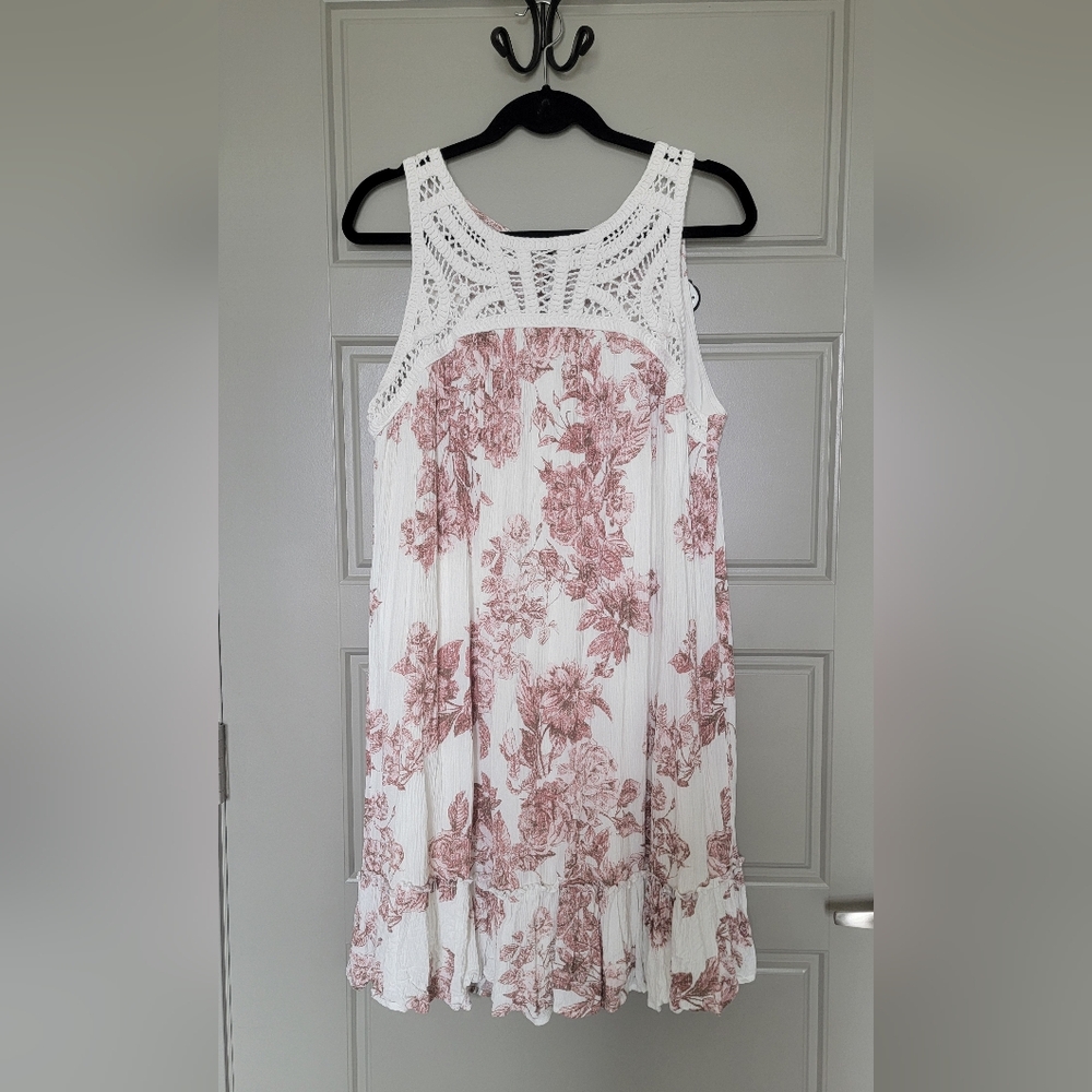 Maurices Crochet Yoke Floral Tank Dress - White with Dusty Rose Print